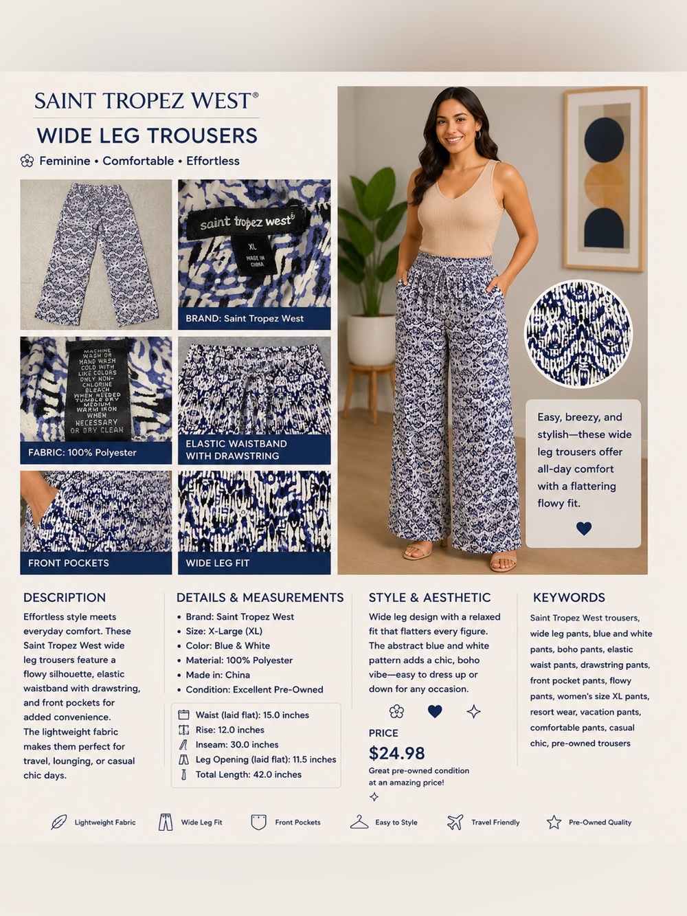 Saint Tropez West Blue & White Wide Leg Trousers